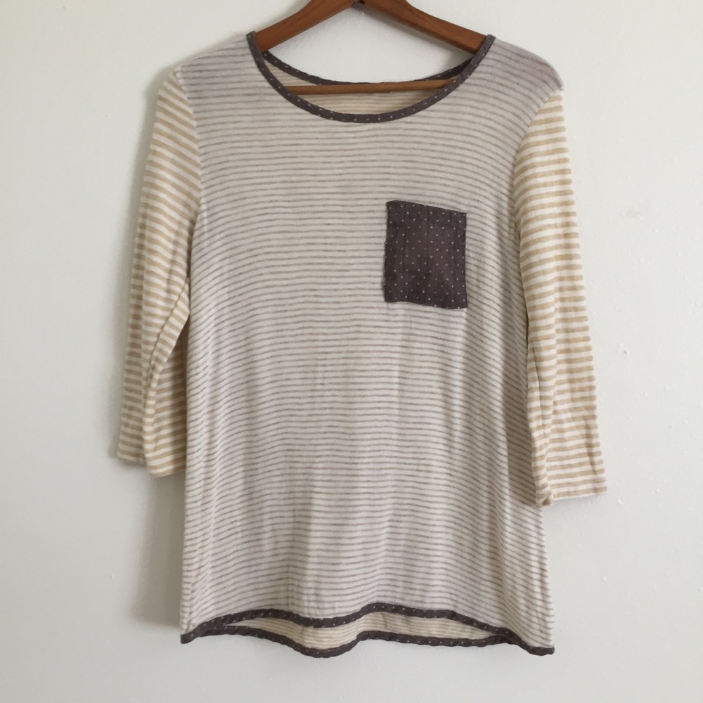 Super Soft 3/4 Sleeve Striped Pocket Tee Medium